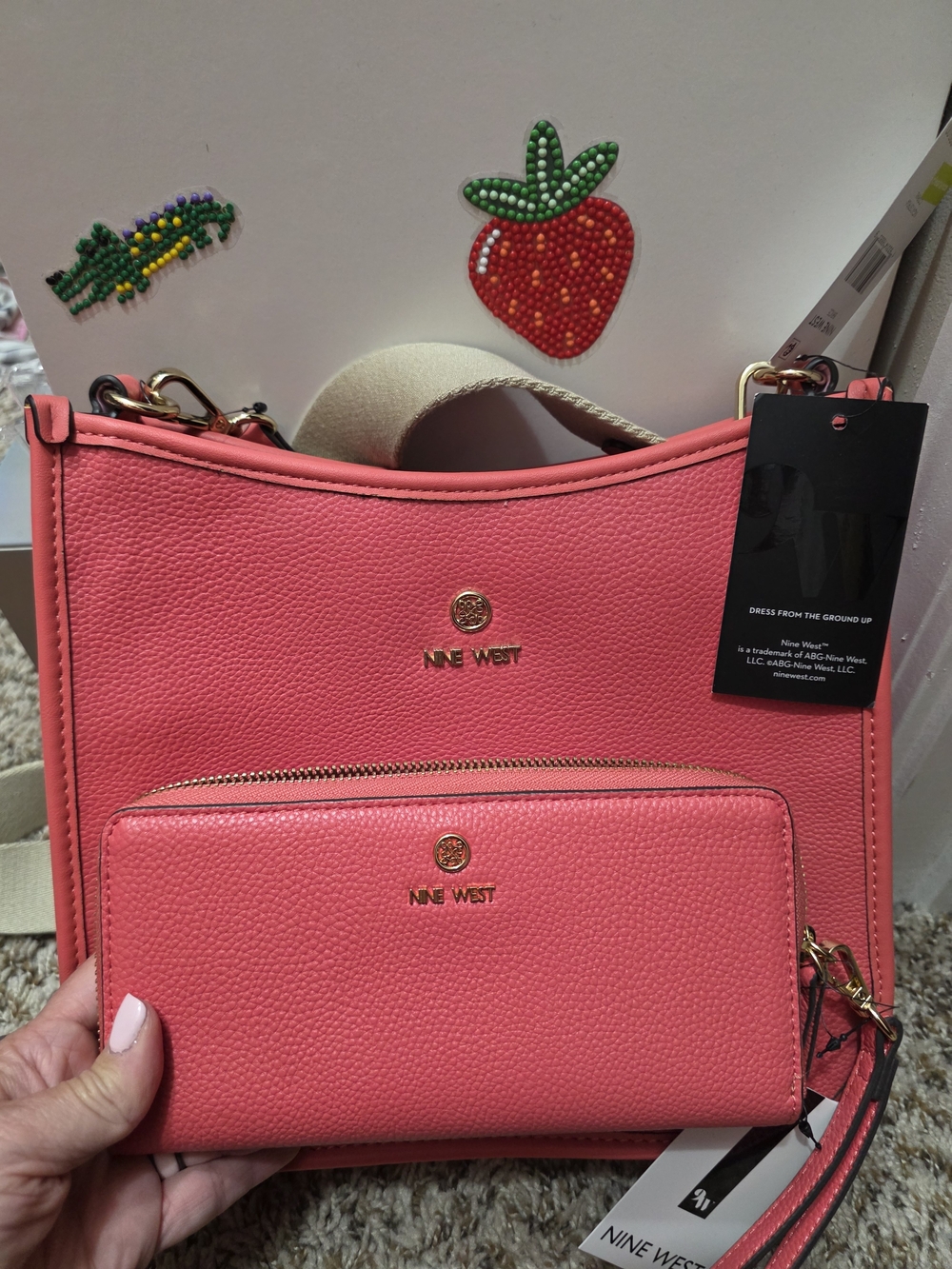 Nine West Coral Pink Pebbled Tote with Zip Wallet